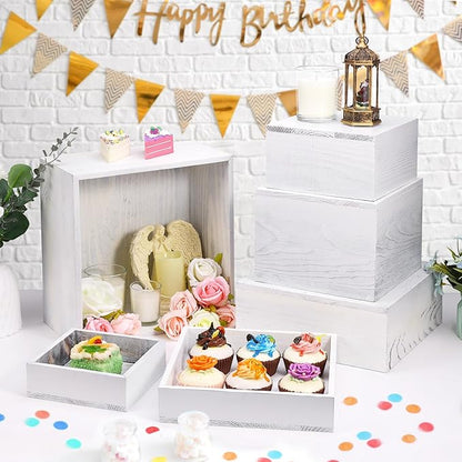 6 Pack Wooden Risers Display Stands Square Food Risers for Buffet Party Rustic Wood Cake & Cupcake Stands Nesting Box Wooden Crates for Display