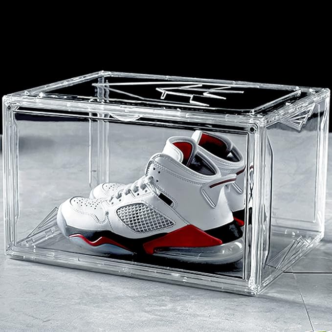 STAHMFOVER Clear Shoe Box Stackable Plastic Sneaker Box Container, Magnetic Side Open Shoe Organizer and Shoes Storage Case, Full Transparent Versatile Display Case for Hats/Models
