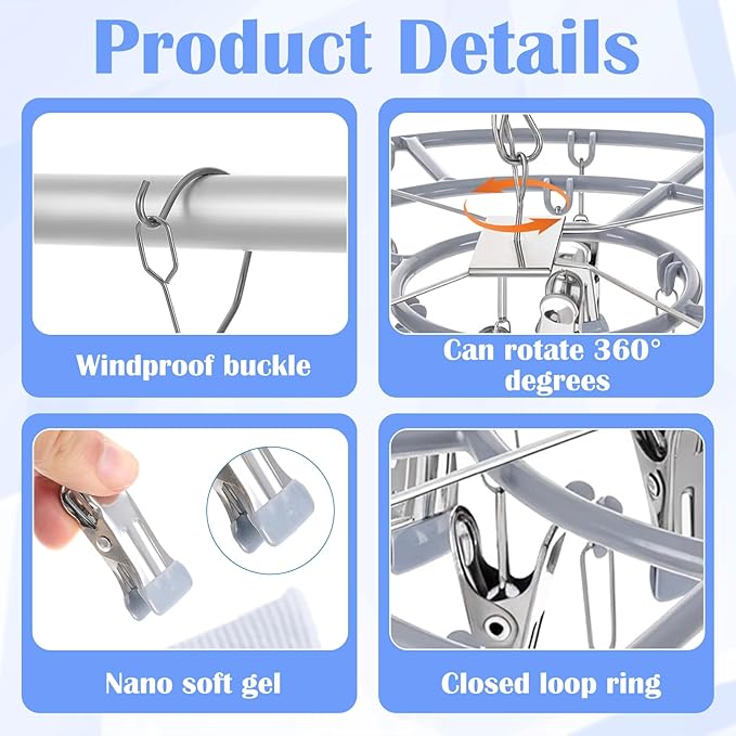 2 Pack Clothes Drying Rack with 24 Clips, Stainless Steel Clothes Drying Hanger, Swivel Windproof Round Dry Rack, Heavy Duty Underwear Hanger for Indoor Outdoor Wet and Dry (Grey)