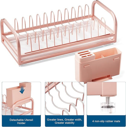 YEYPOP Pink Dish Rack - Small Dish Drying Rack for Limitied Kitchen Counter, Narrow Stainless Steel Dish Drainer w Tray, Cutlery Holder, Cute Kitchen Appliances Organizer for A Lovely You