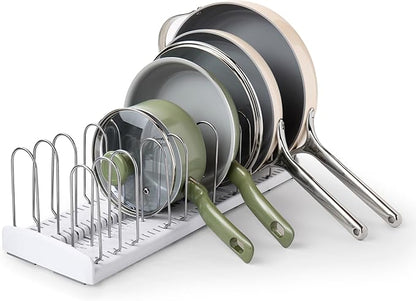 YouCopia StoreMore Expandable Pan and Lid Rack with Steel Wires, 12.5"-22" Wide Adjustable Pan Organizer for Kitchen Cabinet Storage, Premium Edition