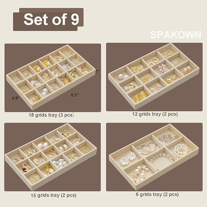 SPAKOWN Jewelry Organizer for Drawer Set of 9, Velvet Jewelry Tray Stackable Jewelry Organizer Display Trays Divided Earring Storage Containers (Beige)