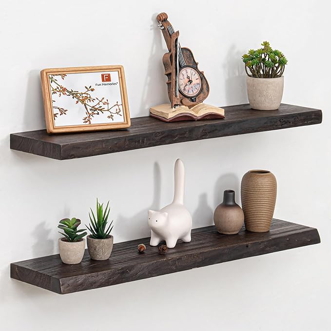 Fun Memories Floating Shelves for Wall Set of 2, Rustic Solid Elm Wood Live Edge Wall Shelves 32 Inch - Invisible Bracket Mount for Living Room, Bathroom, Bedroom, Kitchen, Walnut