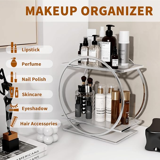 YIWANFW Perfume Organizer for Bedroom Dresser- Sliver Makeup Organizers for Vanity, 2 Tier Bathroom Countertop Organizer Perfume Tray Skincare Storage Cosmetic Display Rack, Make Up Counter Shelf