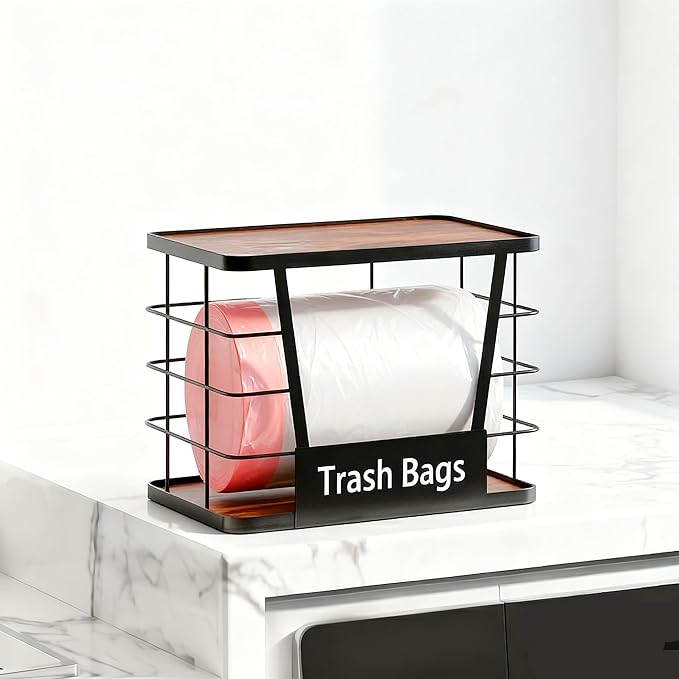 Three colors Trash Bag Holder, Stackable Trash Bag Dispenser with Rustic Wood, Garbage Bag Dispenser Under Sink Organizer for Kitchen Laundry, Adhesive Wall Mount or Countertop,1 Pack