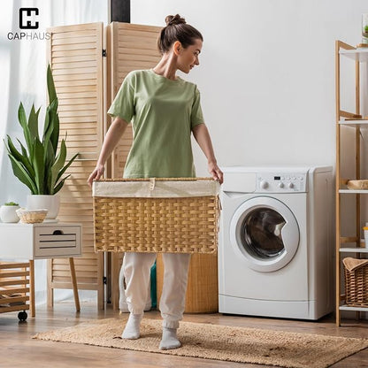 CAPHAUS Laundry Basket with Lid & Handles, Foldable Clothes Hamper, Large 65L Synthetic Rattan Storage Bin with 2 Removable Liner Bags, Collapsible Laundry Hamper, Brown
