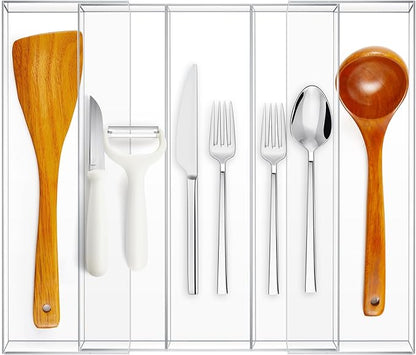 2 Packs Expandable Kitchen Drawer Organizer Clear Acrylic Utensil Organizer Adjustable Acrylic Silverware Storage for Drawers Silverware Flatware Knives (12 x 16 Inches,3-5 Compartments)