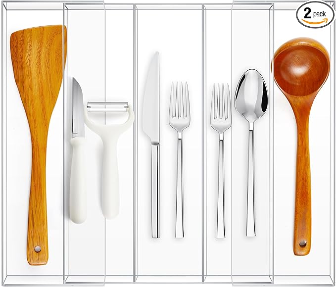 2 Packs Expandable Kitchen Drawer Organizer Clear Acrylic Utensil Organizer Adjustable Acrylic Silverware Storage for Drawers Silverware Flatware Knives (12 x 16 Inches,3-5 Compartments)