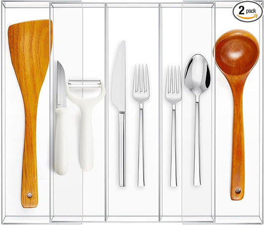 2 Packs Expandable Kitchen Drawer Organizer Clear Acrylic Utensil Organizer Adjustable Acrylic Silverware Storage for Drawers Silverware Flatware Knives (12 x 16 Inches,3-5 Compartments)