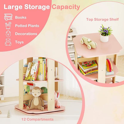 Costzon Kids Rotating Bookshelf, 360° Spinning 3-Tier Corner Bookshelf for Small Space w/12 Sectors, Floor Standing Bookcase Storage Rack, Wooden Narrow Bookcase for Kid's Room, Living Room, Daycare
