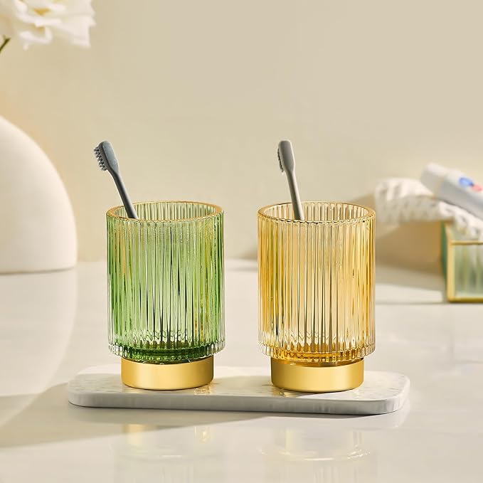 LEICURACE Makeup Brush Holder Organizer,Toothbrush Holders,Desk Pen Pencil Holder,Multifunctional Vintage Glass Brush Cup（S+L/Gold/A3-2-US）