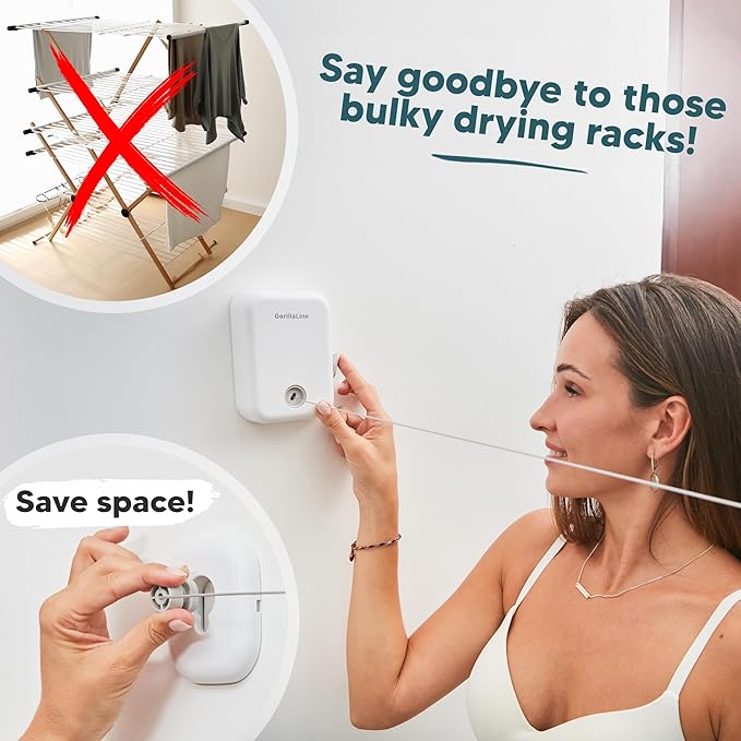 GorillaLine - Retractable Clothesline Indoor Outdoor Clothes Line | Heavy Duty Clothes Drying Laundry Line | Wall Mounted Drying Rack Clothing Line