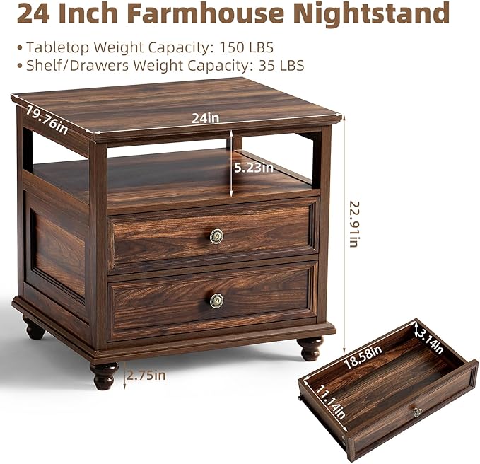 Joaxswe 24" Wide Farmhouse Night Stand Set of 2,Large End Table with 2 Drawers & Metal Handle,Brown Wood Dresser for Bedroom, Bed Side Table Chest of Drawers Cabinet, Nightstand for Living Room,Closet