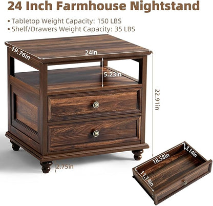 Joaxswe 24" Wide Farmhouse Night Stand Set of 2,Large End Table with 2 Drawers & Metal Handle,Brown Wood Dresser for Bedroom, Bed Side Table Chest of Drawers Cabinet, Nightstand for Living Room,Closet