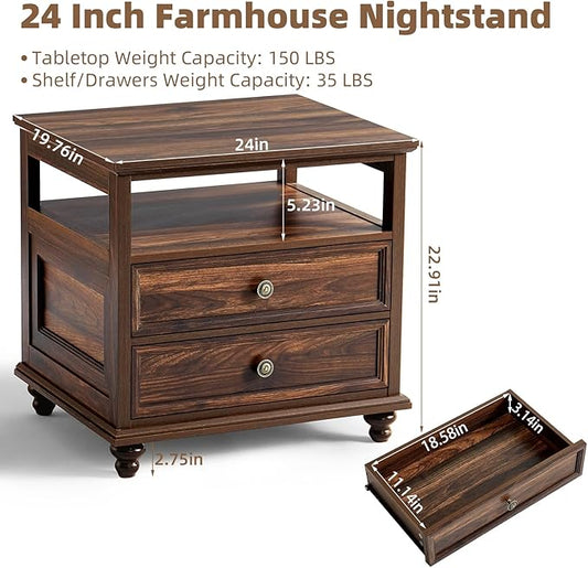 Joaxswe 24" Wide Farmhouse Night Stand,Large End Table with 2 Drawers & Metal Handle,Wood Dresser for Bedroom, Brown Bed Side Table Chest of Drawers Cabinet,Nightstand for Living Room,Closet