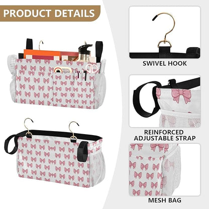 Jihqo Bedside Caddy Hanging Storage Bag Pink Bows Bedside Organizer Caddy for Bunk, Dorm Room, Hospital Beds - Place Magazines / Remotes / Keys