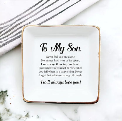 HatafaFurni Gifts for Son from Dad, Mom, Ring Dish for Men - Birthday, Christmas, Wedding Gifts for Son - to My Son, I Will Always Love You - Jewelry Dish, Ceramic Ring Dish, Trinket Tray for Men