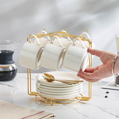 YOLIFE Tea Cup Holder for Countertop, Gold Metal Cup and Saucer Display Stand, Foldable Tea Station Organizer, Espresso Coffee Cups Rack for Home or Bar Decor