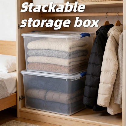 2-Pack 66 Quart Clear Plastic Storage Bins with Latching Lids, Blue Stackable Organizing Totes for Garage, Closet, and Home Organization