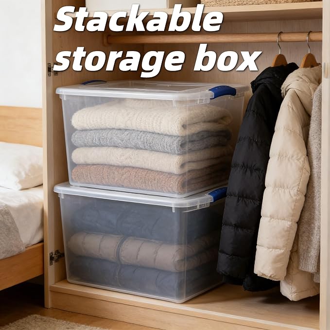 66 Quart Large Clear Plastic Storage Bin – Airtight Latch Lid Container with Blue Handles, Stackable & Durable for Closets, Garages, Dorm Rooms & Basements (Fits Bedding/Seasonal Clothes)