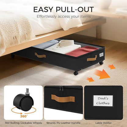 BETBEM Under Bed Storage with Wheels 2-Pack, 75L XXL Under the Bed Storage Containers Large, 12" Tall Adjustable Storage for Underbed with Lids, Rolling for Shoes, Clothes, Blankets (Black)