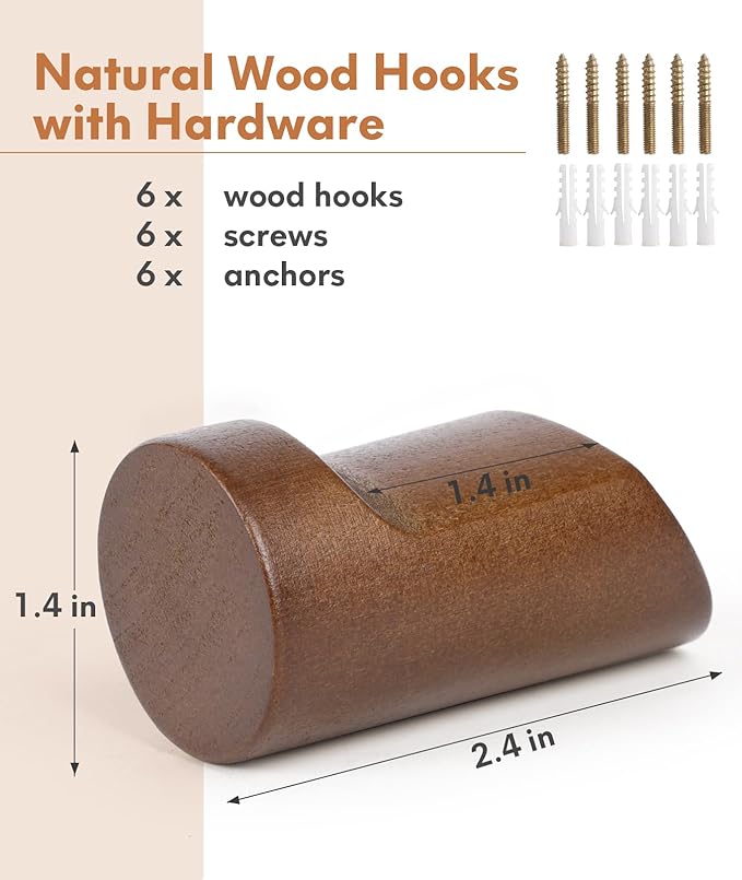 Wood Wall Hooks for Hanging, 8 Pack Hat Hook for Walls, Coat Hook Wall Mount, Backpack Hooks for Walls, Bathroom Towel Hanger (Walnut)