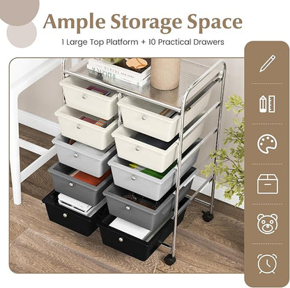 GOFLAME 10-Drawer Rolling Storage Cart, Art Craft Storage Organizer on Wheels, Multipurpose Movable Utility Cart for School, Office and Home, Grey Gradient
