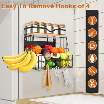 Livabber Magnetic Fridge Organizer Basket with Wood Shelf, Large Fruit Vegetable Storage Bin, Spices Snacks Condiments Rack for Kitchen Pantry, Laundry Room, Office, Magnetic or Wall Mount (Black)