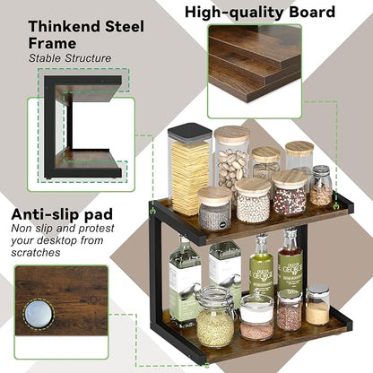 MARTY 2 Tier 12.6"x7.7" Counter Shelf Organizer Kitchen Spice Rack for Countertop, Coffee Station Organizer for Mugs Cups, Wood Shelf Desk Storage Organizer for Bathroom Home Office (Rustic Brown)