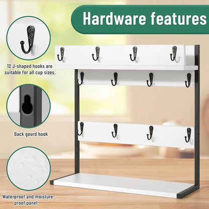 Coffee Mug Holder – 2 Tier Mug Rack Stand with Storage Base for 12 Cups – for Kitchen, Dining Room Counter & Wall Mounted Organizer & Coffee Bar Decor Accessories