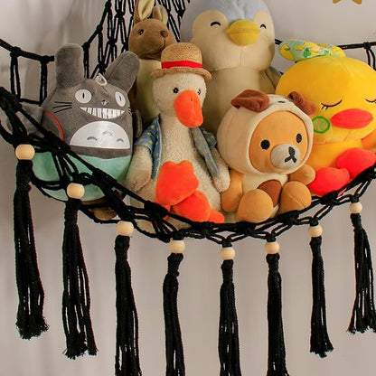 Stuffed Animal Hammock Corner Storage - Toy Hammock Net Organizer with LED Light - Tedddy Hammocks Plushie Net Holder - Black Wall Decor for Boy Living Room Bedroom