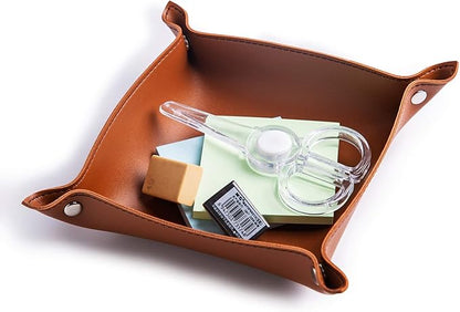 SANQIANWAN Leather Jewelry Valet Tray for Women and Man, Portable Entryway Table Tray Bedside Nightstand Desk Tray Small Catchall Travel Dish Plate for Key,Wallet,Watch,Coin (2PCs Brown-B)