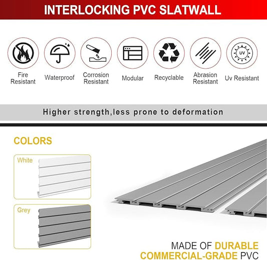 4 x 8 FT Slatwall Panel Garage Wall Organizer, Heavy Duty Slat Wall Paneling Sheets, Interlocking PVC Panels, Garage Slatwall for Tool Organization Mounted Storage Systems