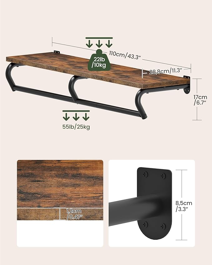 Wall Mounted Clothes Rack, Metal Garment Rack with Top Shelf, Laundry Storage Shelf with Hanging Rod, for Laundry Room, Bedroom, Entryway and Storage Room, Rustic Brown and Black TYM02BF