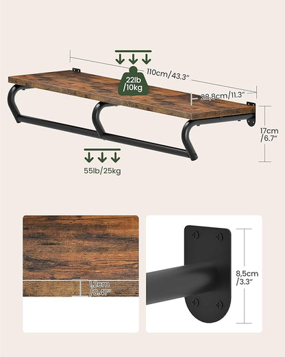 Wall Mounted Clothes Rack, Metal Garment Rack with Top Shelf, Laundry Storage Shelf with Hanging Rod, for Laundry Room, Bedroom, Entryway and Storage Room, Rustic Brown and Black TYM02BF