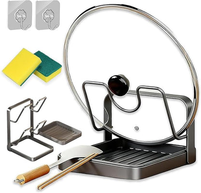 Kitchen Pot Lid Storage Rack with Tray, Multifunctional Kitchen Pot Lid Holder While Cooking, Rust-Resistant Pot Lid Organizer Rack for Counter, Pans & Lids, Prevent Messes, Space-Saving (StyleA)