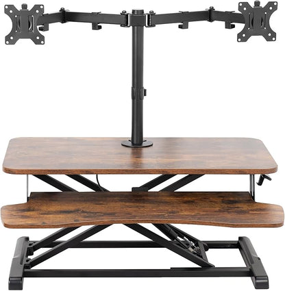 VIVO Height Adjustable 32 inch Standing Desk Converter with Dual 13 to 30 inch Monitor Stand, Sit Stand Monitor Mount and Desk Riser, Vintage Brown Top, Black Frame, DESK-V000KN-M2
