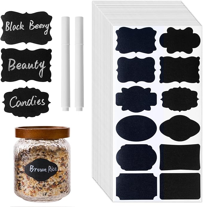 360Pcs Chalkboard Labels – 2.1x1.4 Inch Reusable Blackboard Stickers with 2 White Erasable Chalk Markers, 12 Assorted Shapes, for Mason Jars, Food Containers, and Pantry Storage