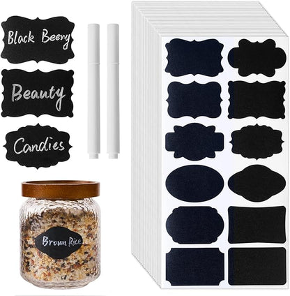 360Pcs Chalkboard Labels – 2.1x1.4 Inch Reusable Blackboard Stickers with 2 White Erasable Chalk Markers, 12 Assorted Shapes, for Mason Jars, Food Containers, and Pantry Storage