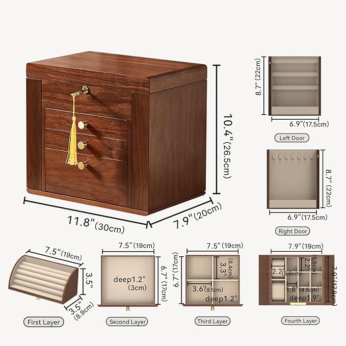 Homruilink Black Walnut Wooden Jewelry Box, Wood Jewelry Organizer with 2 Side Doors Mirror Lockable Classical for Watch Necklace Ring Earring Storage Christmas Gifts-4 Layer with Curved Ring Grooves