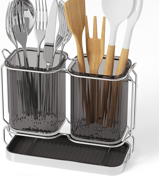 First-zgel Utensil Holder Counter, 6.7" Plastic Silverware Caddy, Utensil Holder for Party, 2 Cup Flatware Organizer for Kitchen Wall Mount, Forks Spoons Knives Storage with Drain Tray (Black)