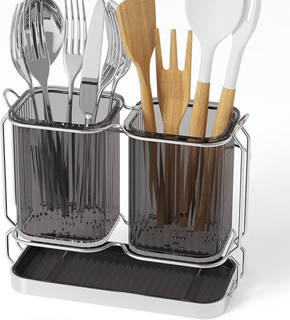 First-zgel Utensil Holder Counter, 6.7" Plastic Silverware Caddy, Utensil Holder for Party, 2 Cup Flatware Organizer for Kitchen Wall Mount, Forks Spoons Knives Storage with Drain Tray (Black)