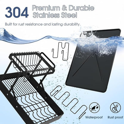 YEYPOP Dish Drying Rack for Kitchen Counter, Stainless Steel 2 Tier Dish Rack w Drainboard, Foldable 360° Rotatable & Expandable Drainer, Space-Saving Dish Strainers for Kitchenware