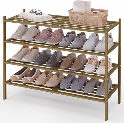 Smiry Long Bamboo Shoe Rack 4-Tier, Stackable Wooden Shoe Organizer for Entryway & Closet, Free Standing Wood Shoe Storage Shelf for Front Door & Small Spaces, Walnut