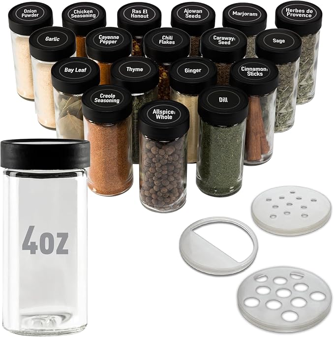 AllSpice 4" Glass Spice Jars 4 fluid ounces- 18 Pack