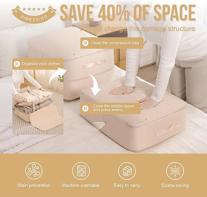 Ultra Space Saving Self Compression Organizer,Packing Cubes,Waterproof And Moisture-Proof,High Capacity,For Blankets Clothes Duvet Comforter（Oatmeal 21.2 * 16.2 * 11.8 In-2pcs）
