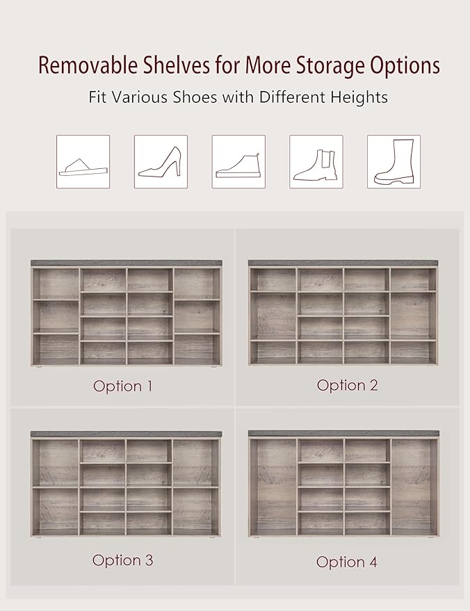 DINZI LVJ Shoe Storage Bench with Cushion, 14-Cubby Shoe Rack, Adjustable Shelves, Multifunctional Shoe Organizer Bench for Entryway, Mudroom, Hallway, Living Room, Bedroom and Garage, Greige