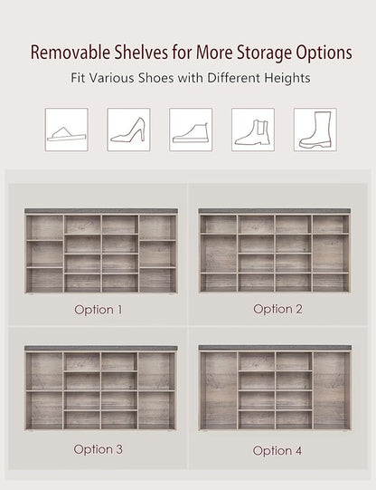 DINZI LVJ Shoe Storage Bench with Cushion, 14-Cubby Shoe Rack, Adjustable Shelves, Multifunctional Shoe Organizer Bench for Entryway, Mudroom, Hallway, Living Room, Bedroom and Garage, Greige
