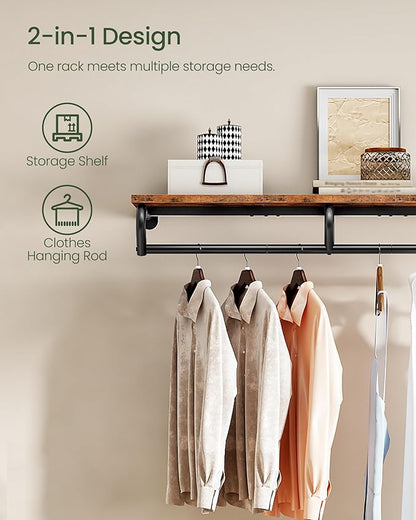 Wall Mounted Clothes Rack, Metal Garment Rack with Top Shelf, Laundry Storage Shelf with Hanging Rod, for Laundry Room, Bedroom, Entryway and Storage Room, Rustic Brown and Black TYM02BF