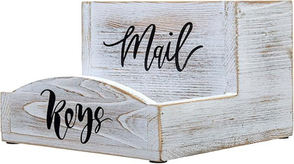 MyGift Shabby Whitewashed Solid Wood Mail Holder and Key Organizer Entryway Storage Tray with Cursive Mail and Keys Word Design, Office Desktop Organizing Bin